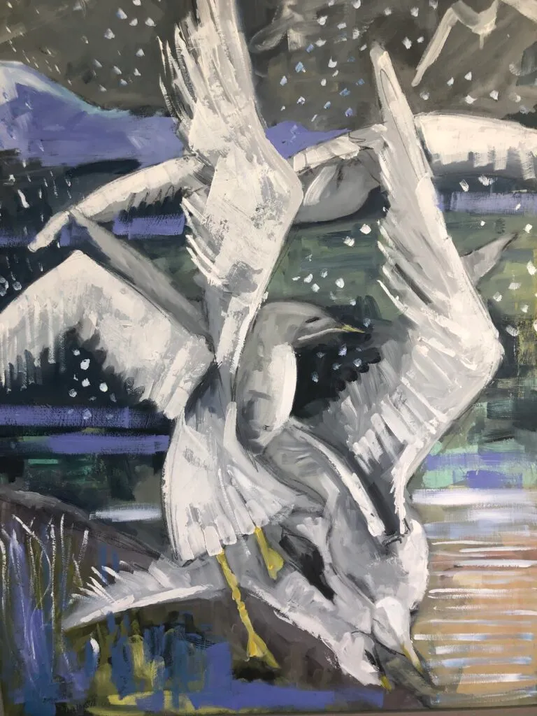 Brenda Martin. Seagull Raid oil on board, 80 x 60 cm