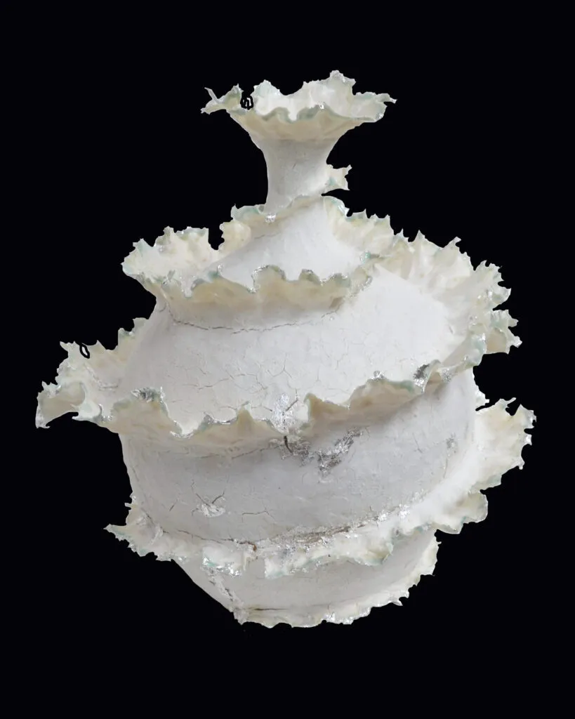 Belinda Glennon. Impermanence 1, 28x16cm, wheel-thrown stoneware, porcelain slip, silver leaf