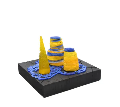 Alison Jardine 'Yellow stacks 2' 13(h)x16x16 Glass, silver leaf, paint on wood