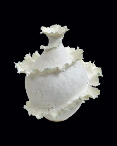 Belinda Glennon. Impermanence 2, 23x15cm, wheel-thrown stoneware, porcelain slip, silver leaf