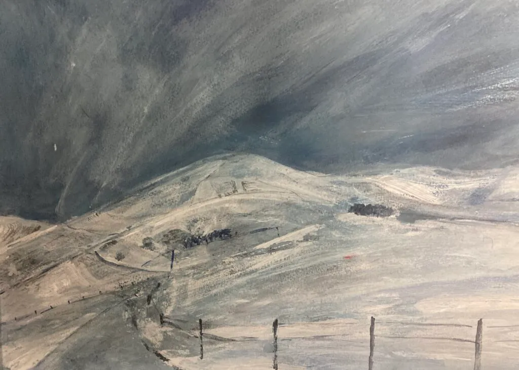 Catriona Taylor. Snow Landscape collage acrylic on paper 30x42cm