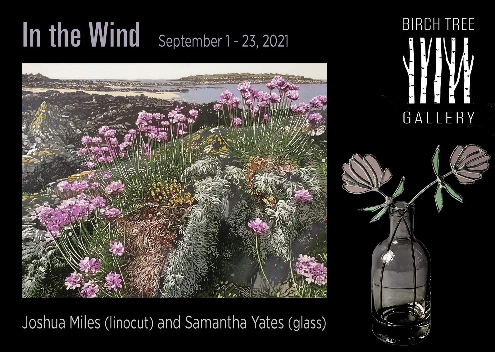 Poster for exhibition of linocut and glass 'In the Wind' in September 2021, Edinburgh