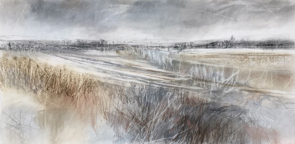 'Landscape Whispers', Janine Baldwin, pastel, charcoal and graphite, 23 x 47cm